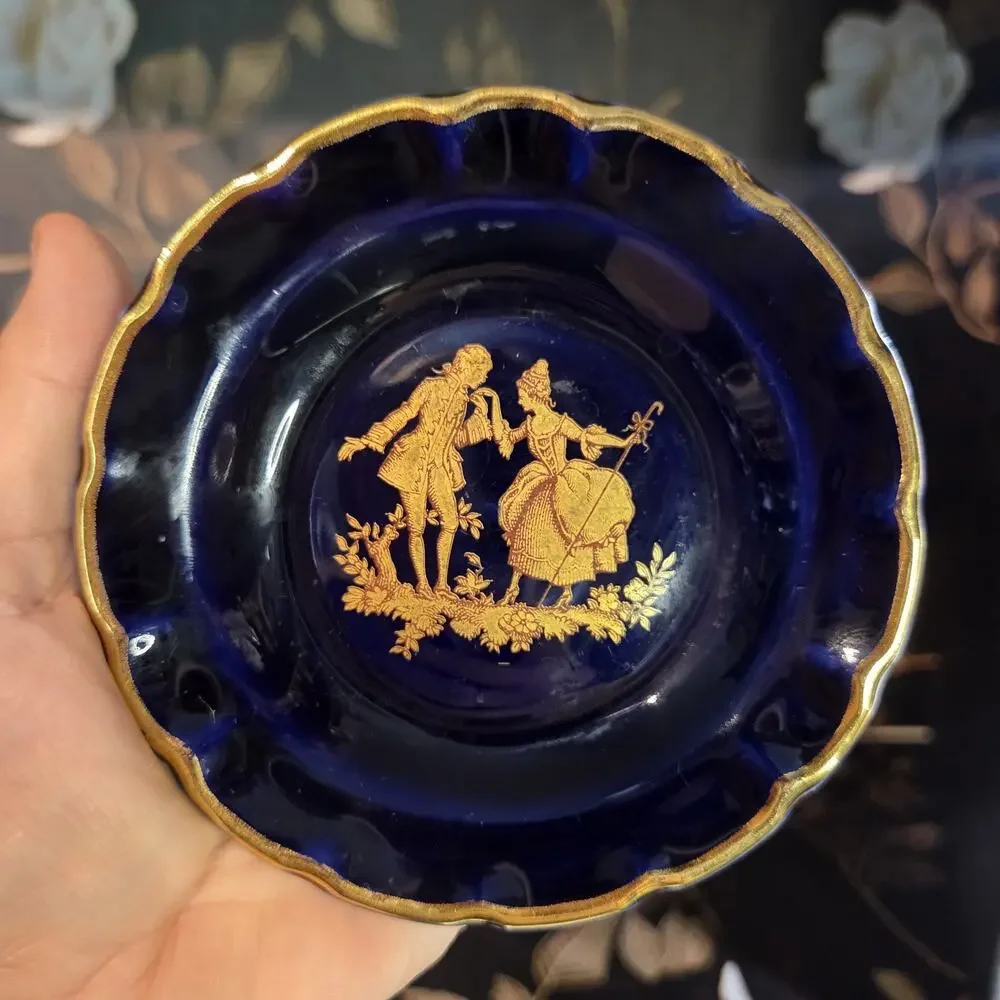 Vintage Limoges Veritable Blue De Four Cobalt Blue Gold Nappy Trinket Dish